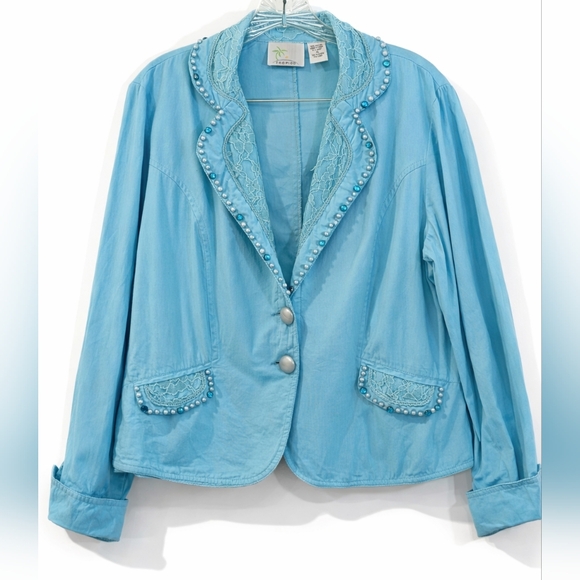 Vintage Resort Cottagecore Pearl Beaded Lace Blazer Jacket XL Coastal Chic - Picture 2 of 10